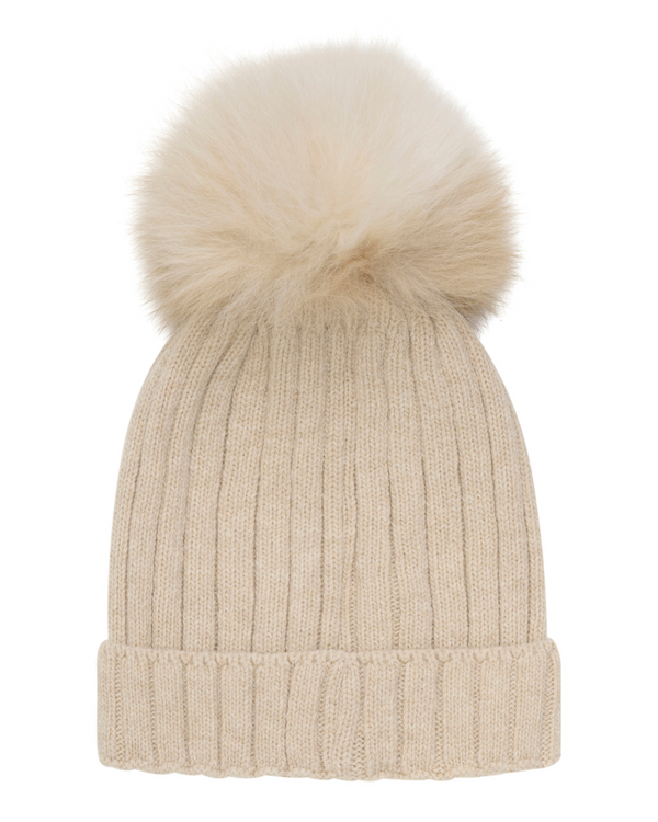 GORRO DE LANA MERINOS CON POMPON DE ALPACA BEIGE CÁLIDO